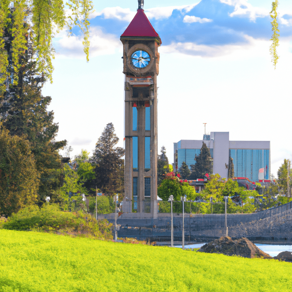 A detailed high-resolution landscape of the Spokane Clocktower at Riverfront Park