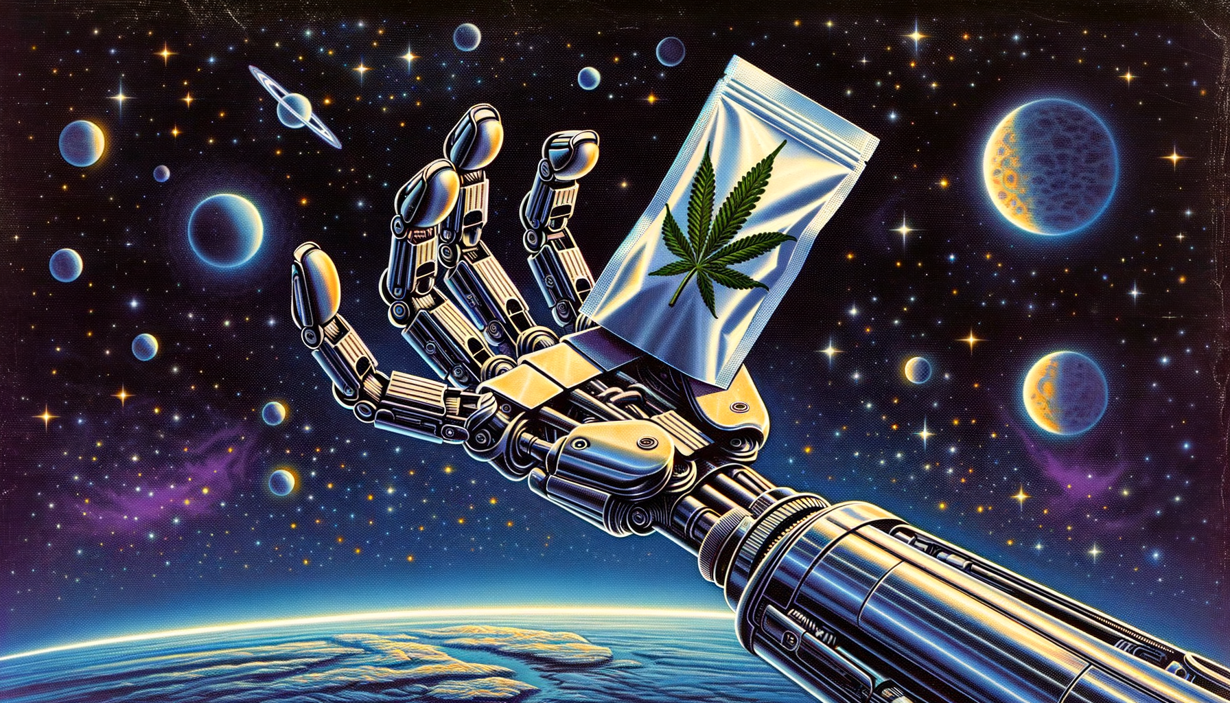 A wide scene depicting a robotic arm holding a pre-rolled medical cannabis cigarette on top of a dark space-like galaxy background