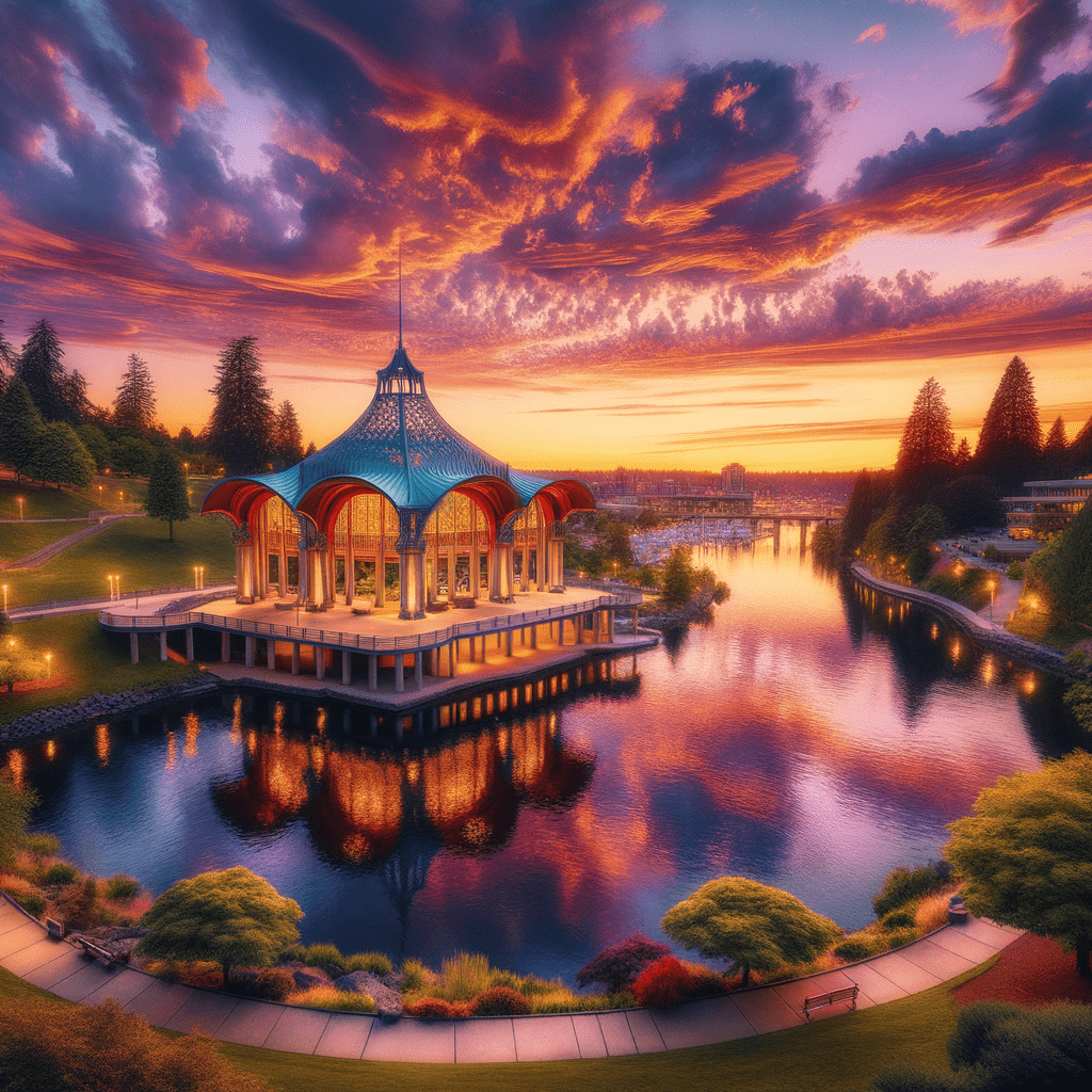 A stunning view of Riverfront Park in Spokane, WA at sunset, with the Spokane River reflecting the vibrant colors of the sky and the iconic Pavilion in the background.