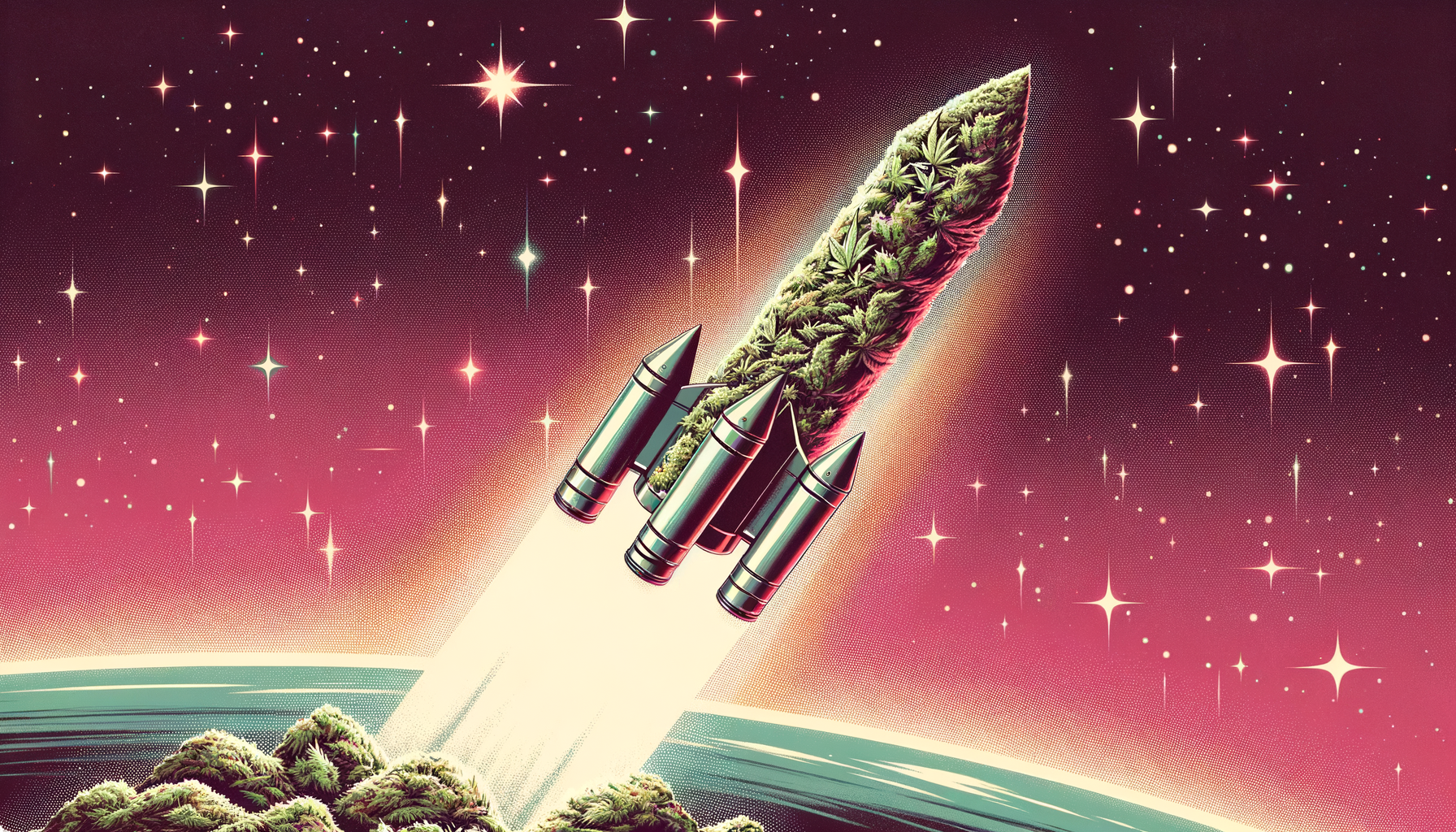 create a space background depicting a rocket ship shaped like a cannabis joint shooting through the galaxy. Use a retro widescreen illustration format. Use a minimal background though so it doesn't take away from the ship shooting through space.