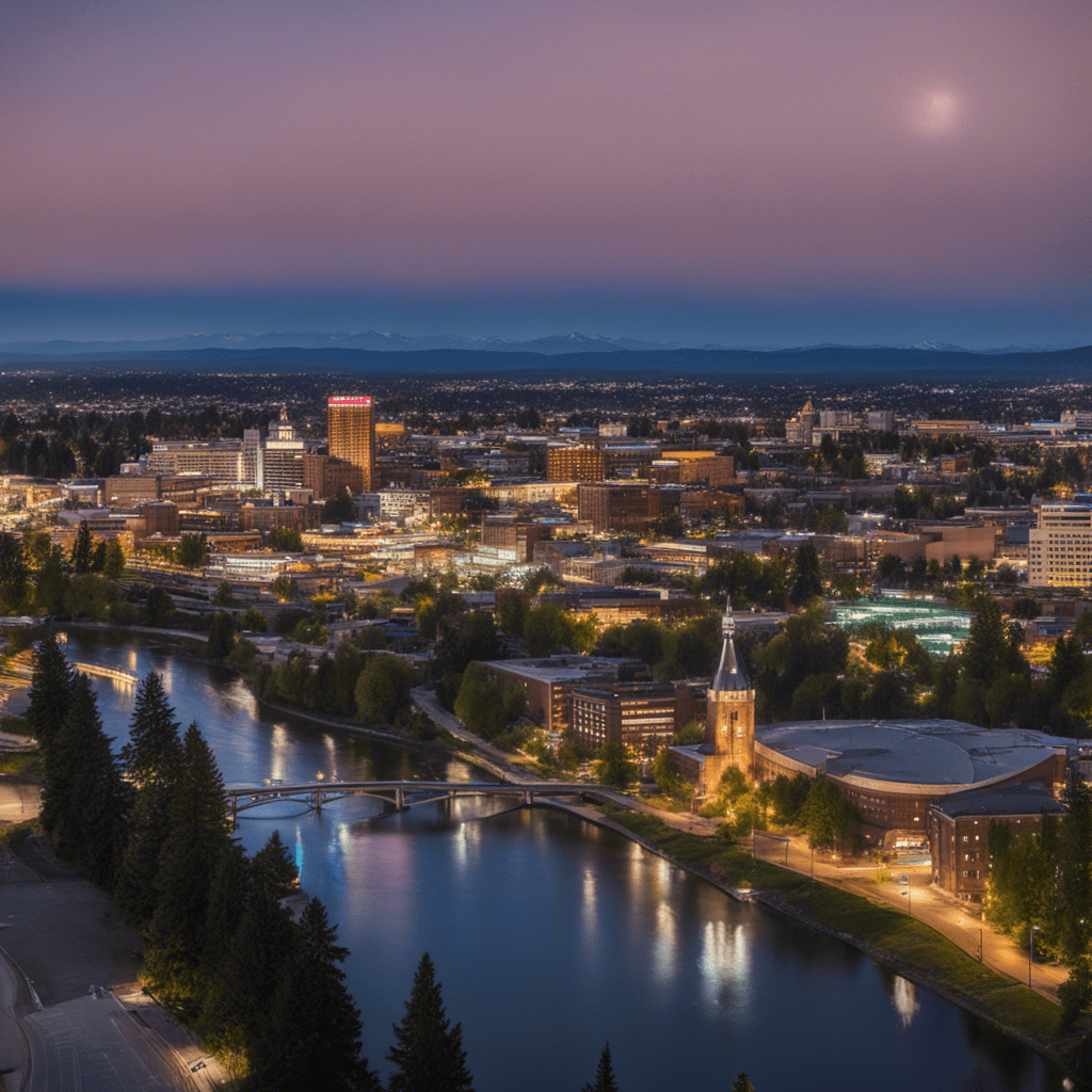 A night-time aerial view of the downtown Spokane skyline, with illuminated buildings and the Spokane River winding through the city.